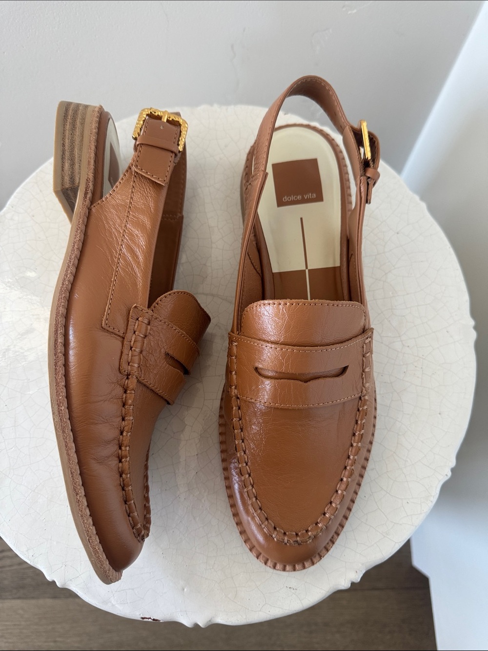 Dolce Vita HARDI Tan Leather Penny Loafers Slingback Gold Buckle Women’s SZ 9.5